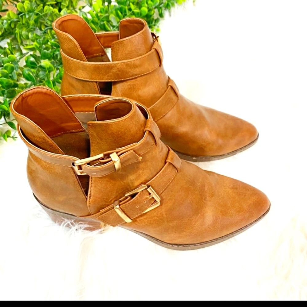 Brown Vegan Leather Buckle Cut Out Ankle Boots